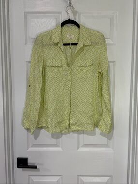 Linen Charter Club Green Geometric Button-Front Shirt